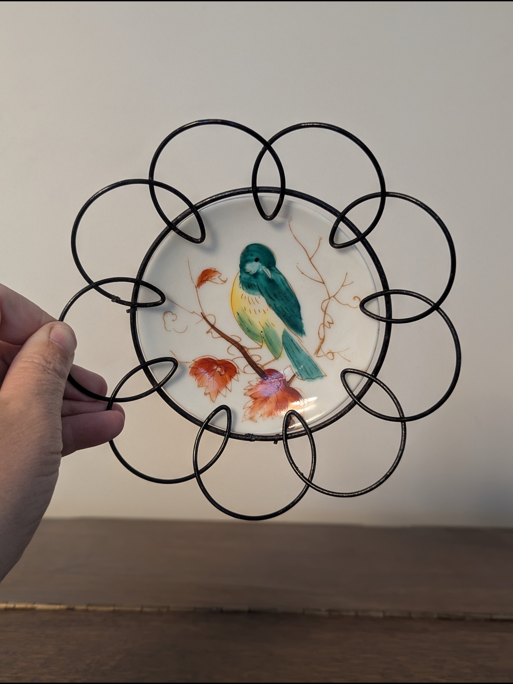 Miniature Bird Plate in Wire Loop Frame Mid-Century Japanese Hand-Painted